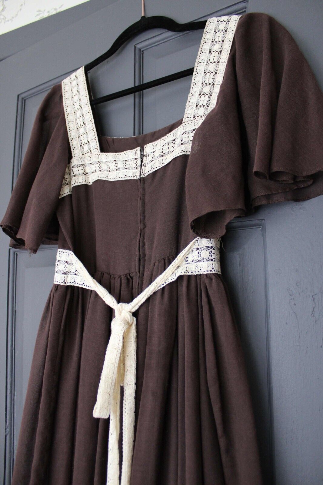 Vintage Boho Brown Prairie Dress, 1970s Long Maxi Length Gown, XS Jr Sz 11, Act I