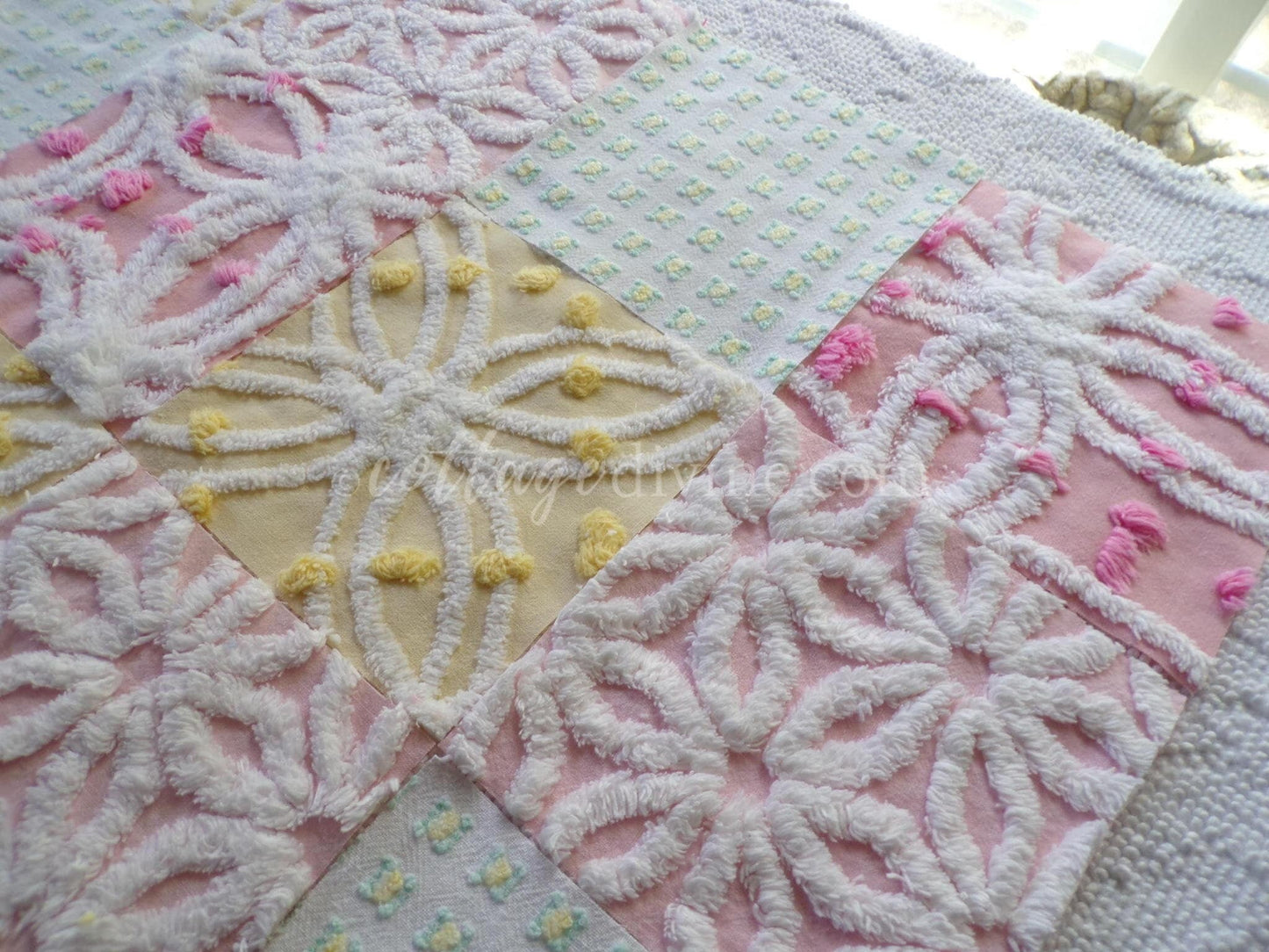 Spring Fling Chenille Quilt Squares Set from Vintage Bedspread Fabric, 16 Blocks, 6" x 6" inch