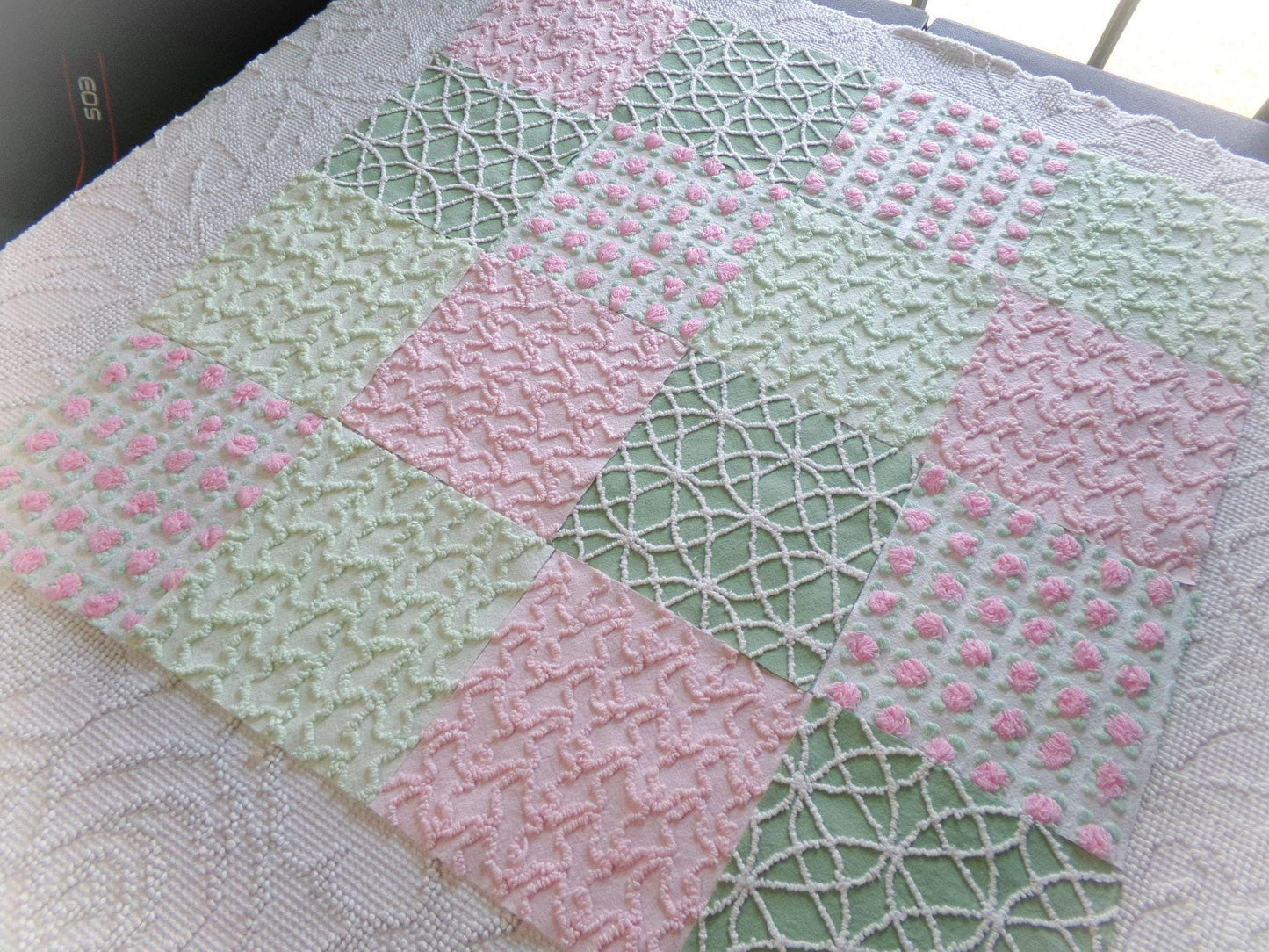 fairy garden chenille fabric squares, set of 16 vintage pink & green quilt blocks 6" ea, rosebud, squiggles for crafts, quilting