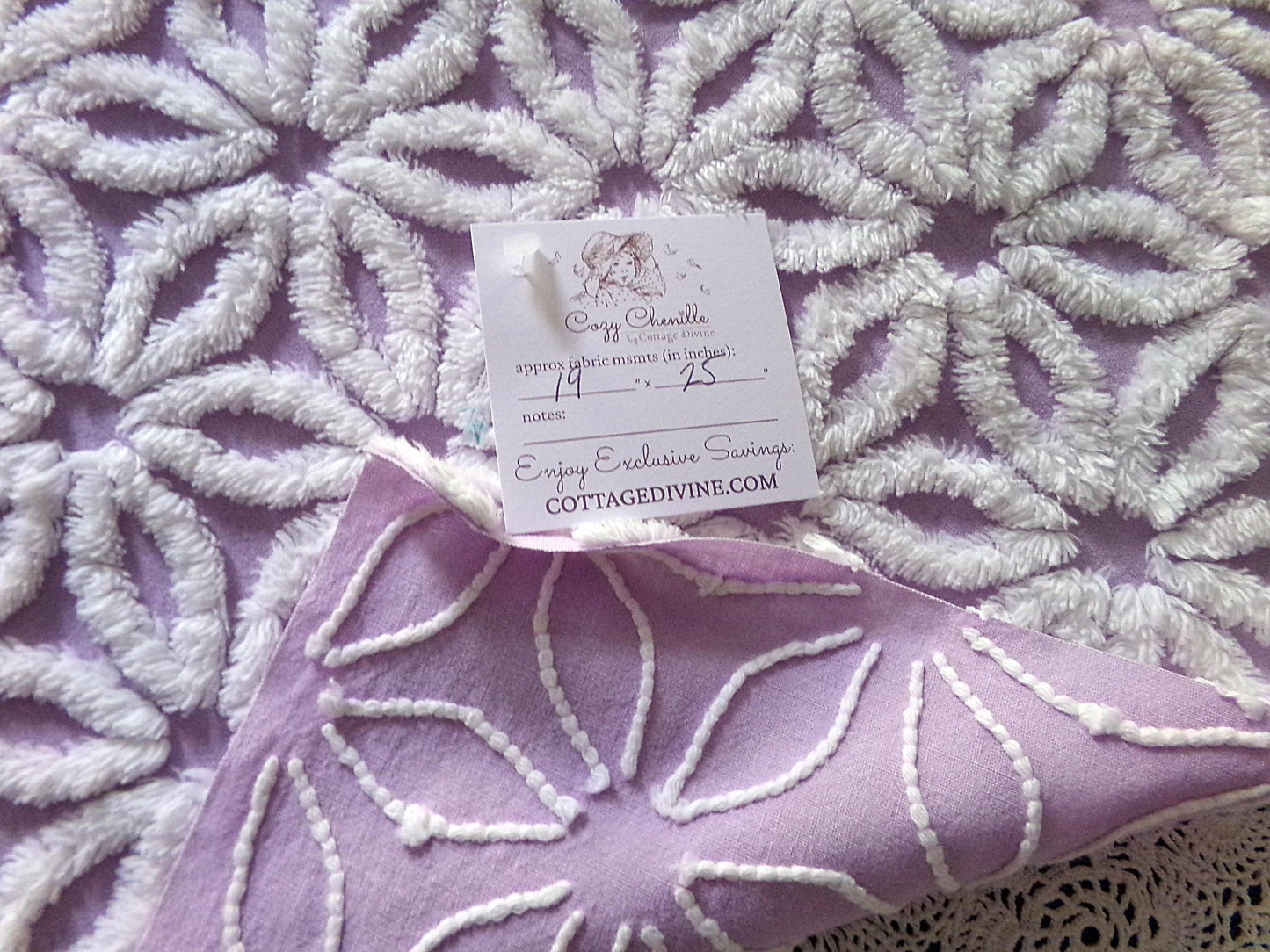 Spring Lavender Vintage Chenille Fabric in Lilac Purple & Fluffy White Daisy, 19" x 25" inch Piece, Lovely in Quilts