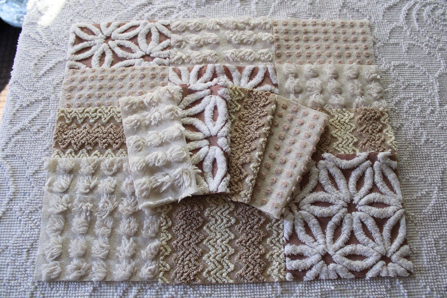 creamy vanilla mocha chenille fabric squares, set of 16 vintage quilt blocks 6" inches ea, daisy, squiggle, puffy pop texture