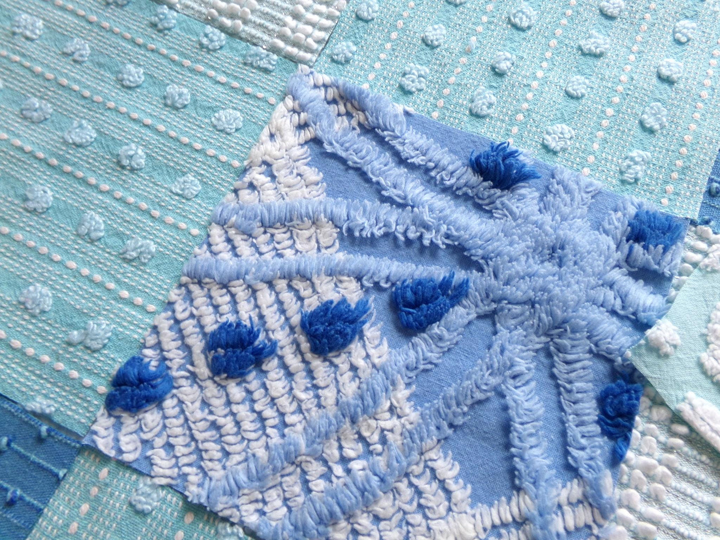 mermaid kisses chenille fabric squares, set of 17 vintage blue & aqua 6" craft blocks, chic designs for quilt inlays, pillows, fiber arts