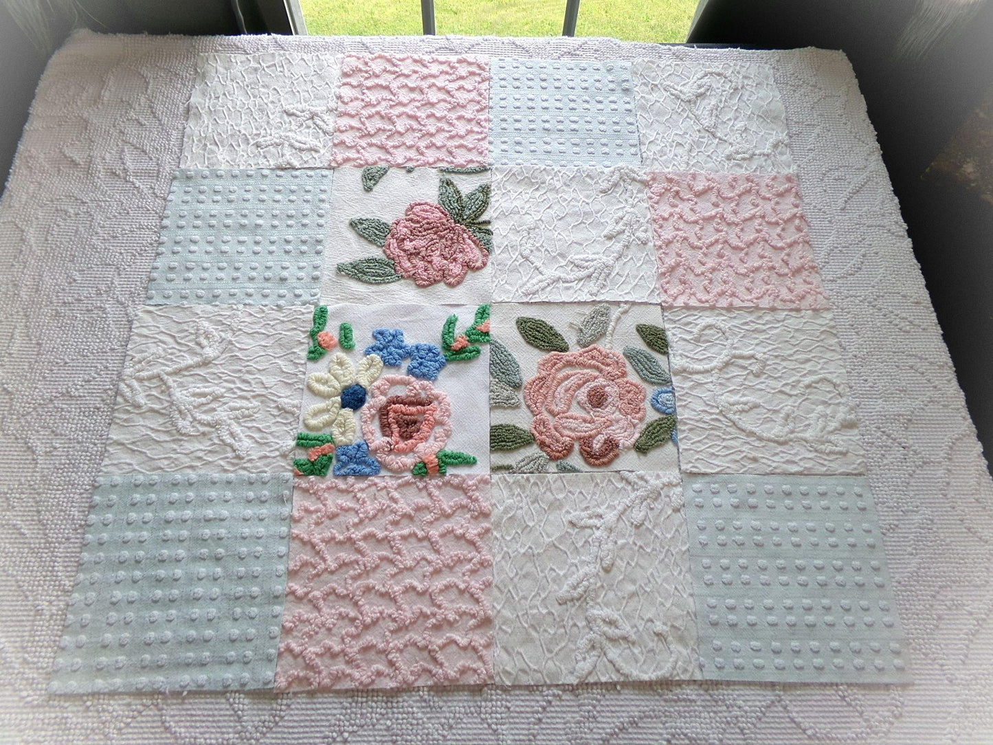 garden beauties vintage 6" chenille squares, set of 16 quilt blocks rotary cut from lovely vintage chenille & matelasse bedspread fabrics