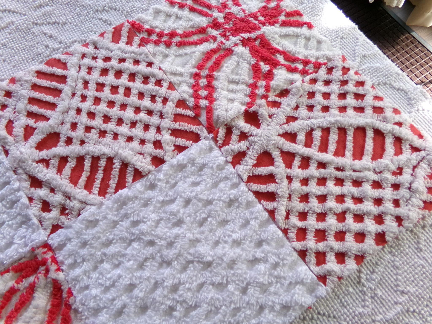 rose red & white chenille fabric squares, 7.5" vintage quilt blocks, set of 8 for sewing, Christmas crafts, quilting