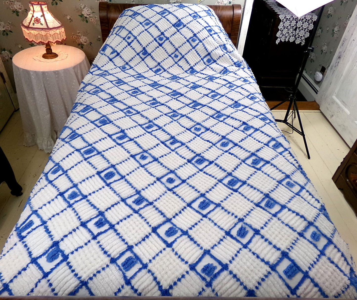 nautical vibes vintage chenille bedspread, blue dots on white cotton with cathedral stripes, full size coastal cottage bedding