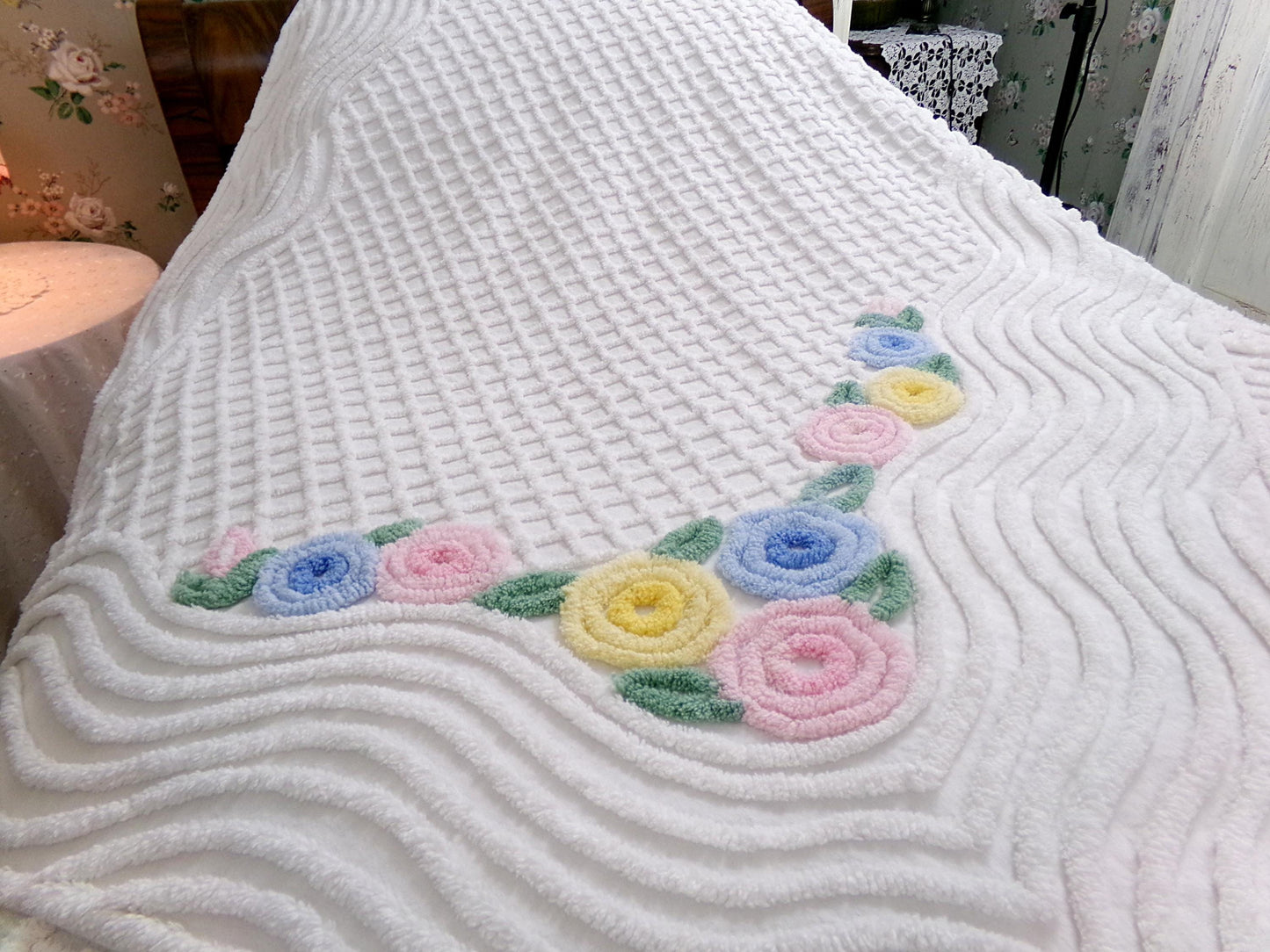 cozy vintage chenille lap blanket in simple cottage florals on white cotton, great porch throw, layering piece, small coverlet, 40"W x 57"L