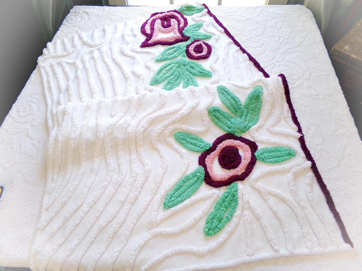 Berry Mauve Blooms Vintage Chenille Fabric, Large 22" x 37" Piece of Plush Swirl White Cotton Sewing Material Upcycle into Quilts & Crafts