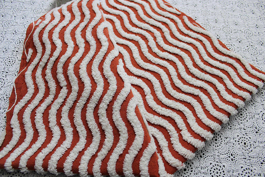 Rich Rust & White Ripple Stripes Vintage Chenille Fabric, 18" x 24" inch Piece, Great for Boho Quilts, DIY Pillows, Junk Journals