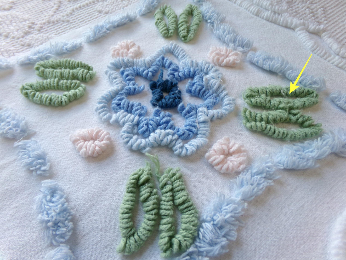 Country Cottage Chic Vintage Chenille Fabric, 20" x 21" Piece of Floral White Cotton Sewing Material, Upcycle into Pillows, Quilts