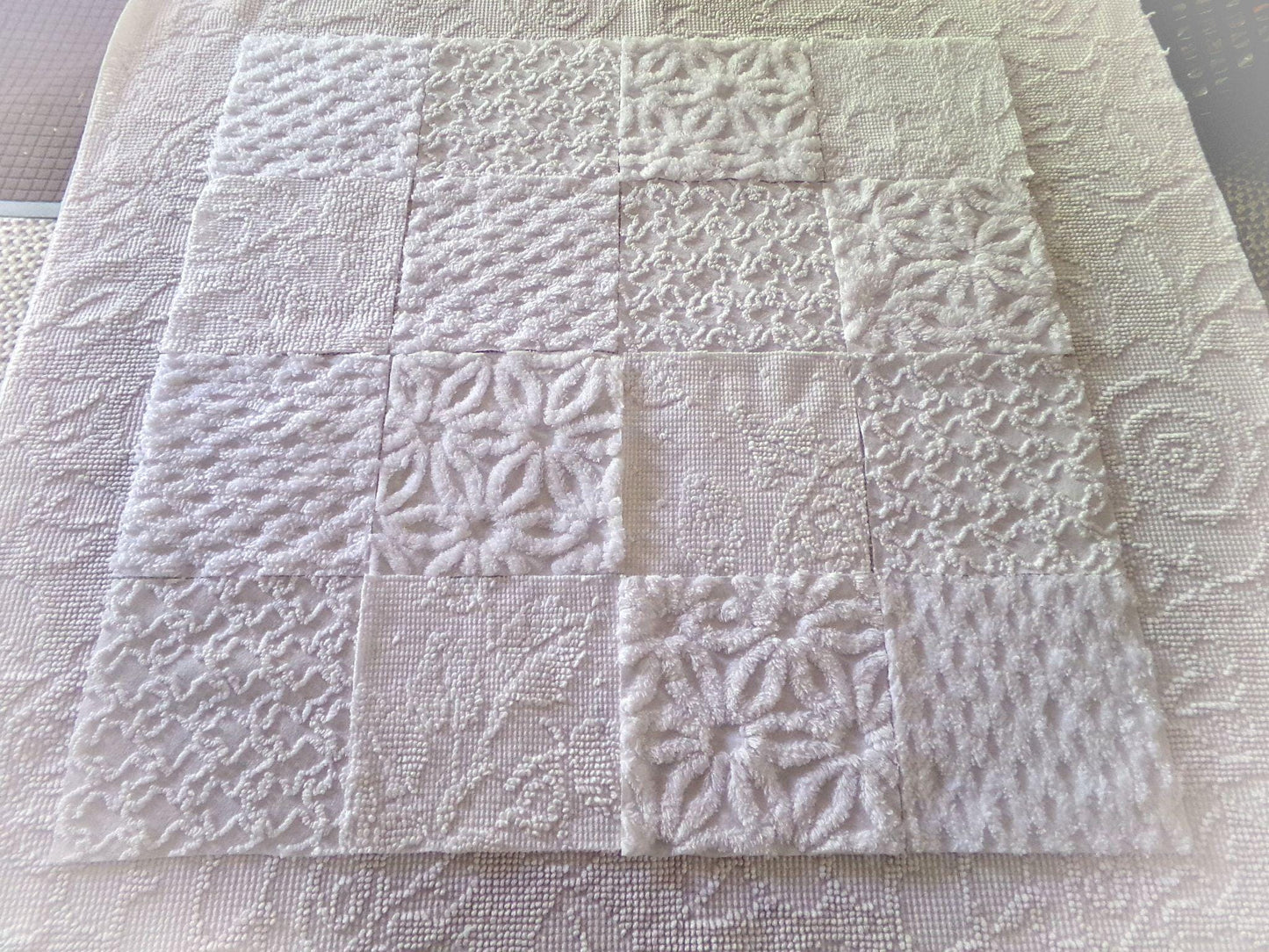 Snow Baby Chenille Fabric Squares Set of 16 White Quilt Blocks, 6" x 6" inches each, Diamond, Squiggle Daisy & Hobnail Texture Patterns