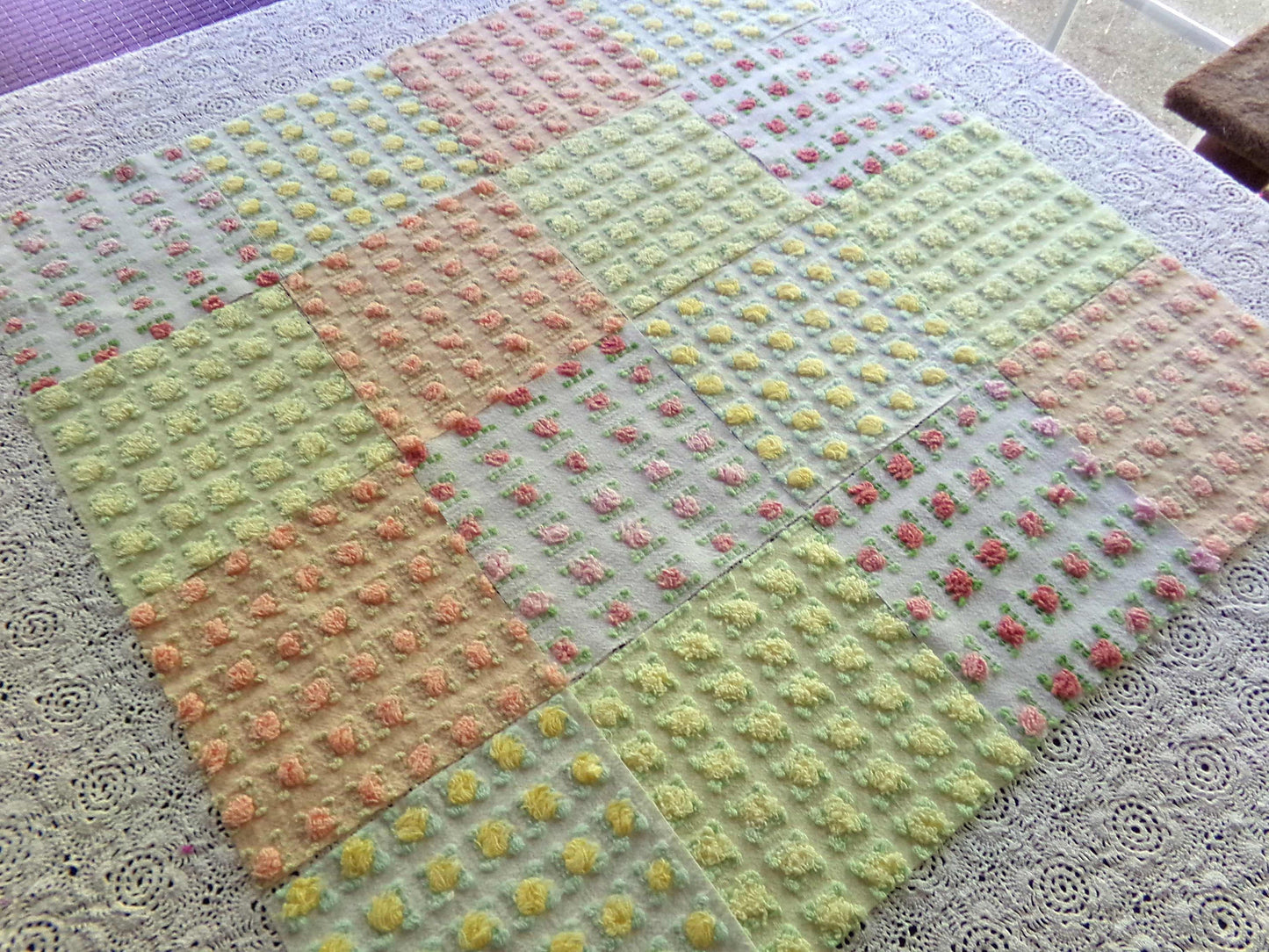Sunrise Rosebud Chenille Quilt Squares Set, from Vintage Bedspread Fabric, 16 Blocks, 6" inch, in Yellow, Peach, & Ombre Pink Roses