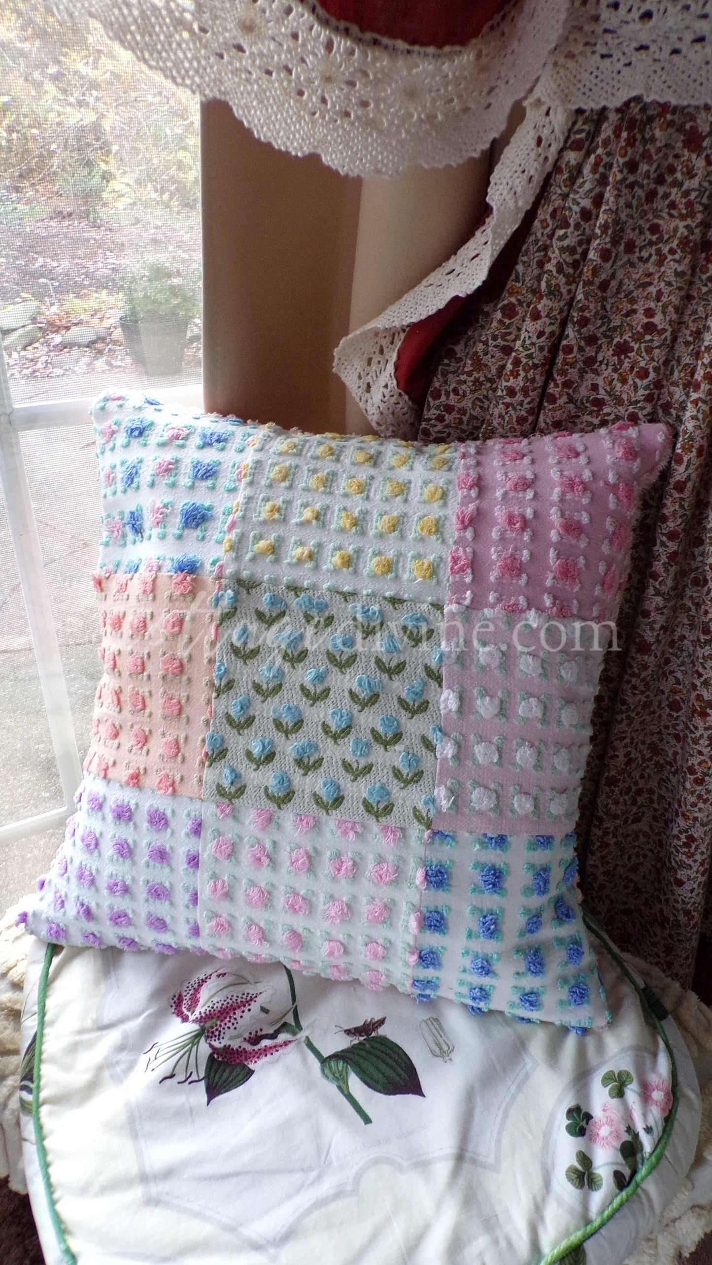 PATCHWORK Roses Floral Chenille Pillow Cover 16" x 16" inch Square, REVERSIBLE Accent Pillow Designed from Vintage Chenille Bedspread Fabric