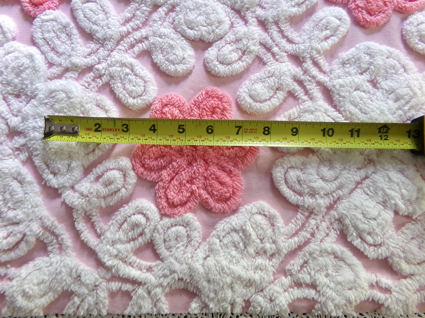 cupcake frosting pink chenille fabric, plush floral curlicue swirls, 22" x 25" inch piece of vintage material for sewing pillows & quilts