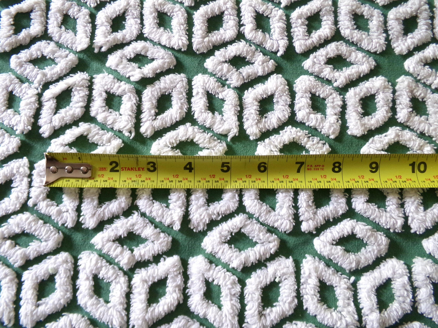 Forest Green Snowflakes Vintage Chenille Material, 18" x 25" inch Fabric Piece, 100% Cotton, Geometric Wedge White Snowflake Design