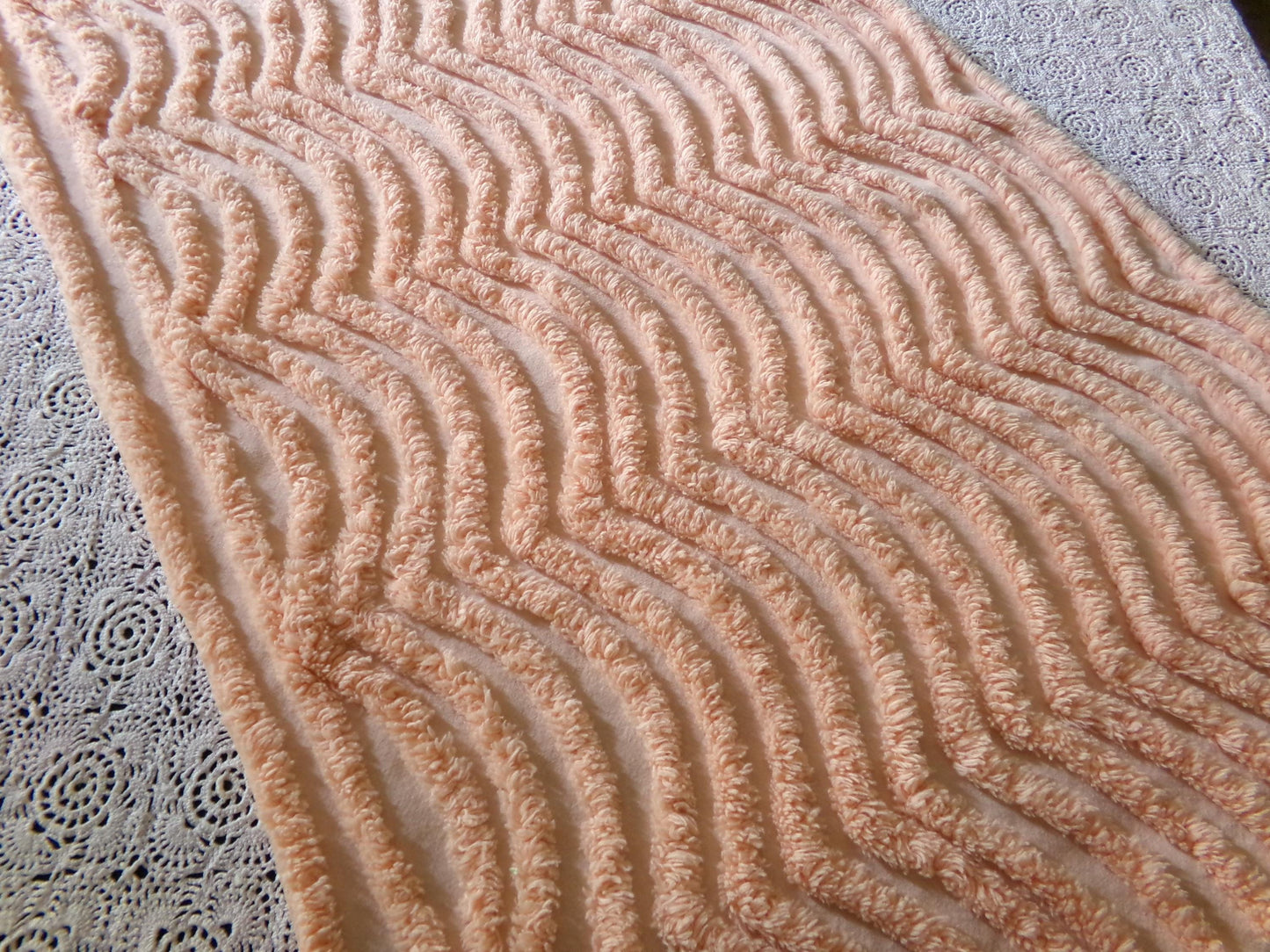 Fluffy Peach Waves Vintage Chenille Fabric, 17" x 24" inch Piece, Plush Ripple Pattern for Quilts, Pillows, Crafts & Sewing