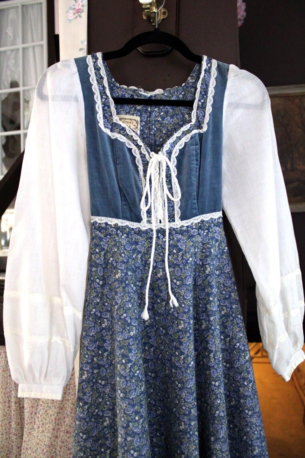 Vintage Gunne Sax Prairie Dress, Morning Glory Velvet Corset, Maxi Gown, SUPER SMALL
