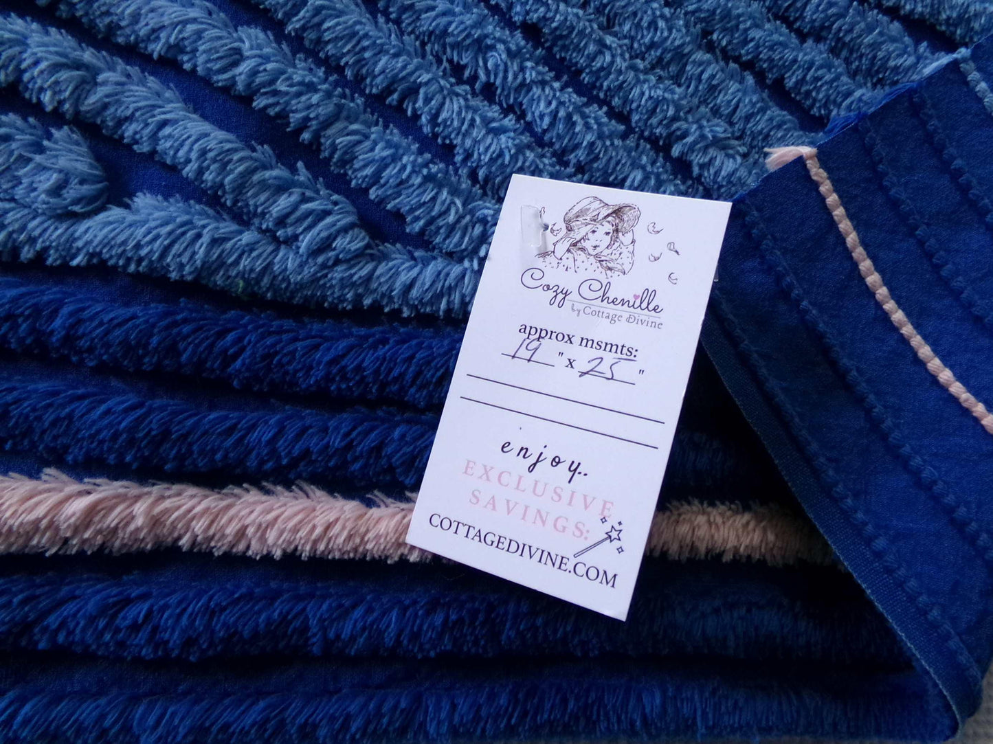 ocean waves chenille fabric, deep velvety mystic blue, 19" x 25" inch piece of vintage sewing material for pillow, quilts, doll blankets