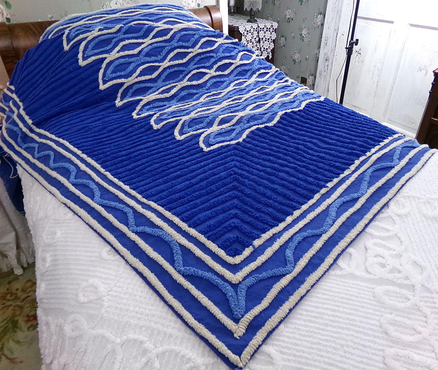 blue flame vintage chenille bedspread, dramatic unique geometric design, full size cotton bedding