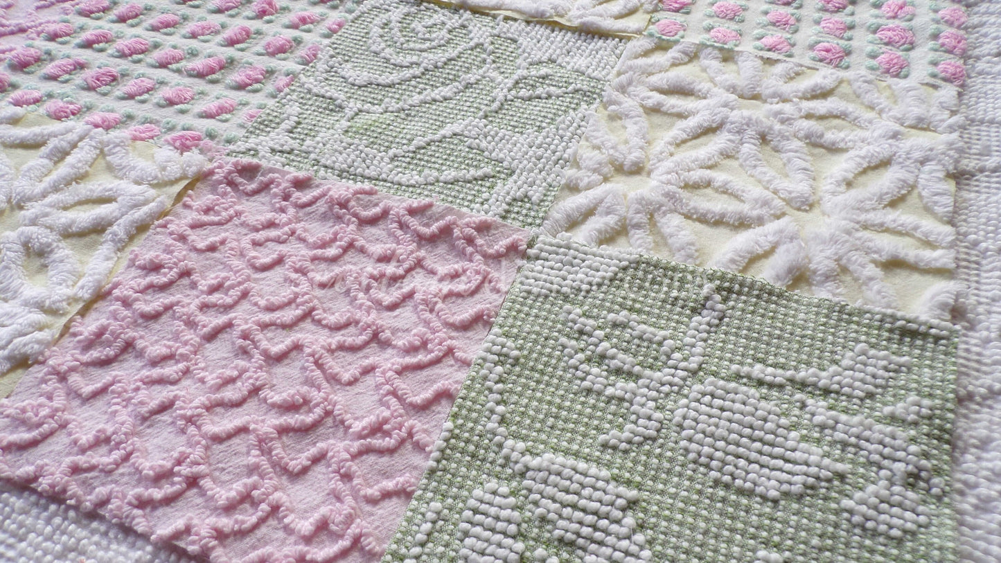 Fresh Flowers Chenille Quilt Squares Set from Vintage Bedspread Fabric, 17 Blocks, 6" x 6" inch