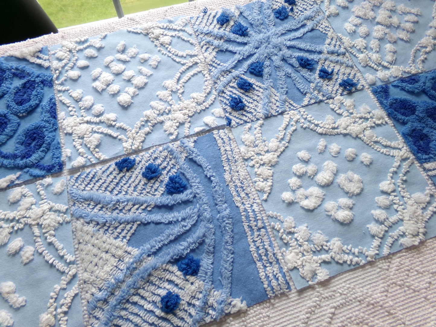 starry mystic chenille fabric squares, set of 8 vintage 7.5" quilt blocks, twilight blue & white, for sewing, crafts, quilting