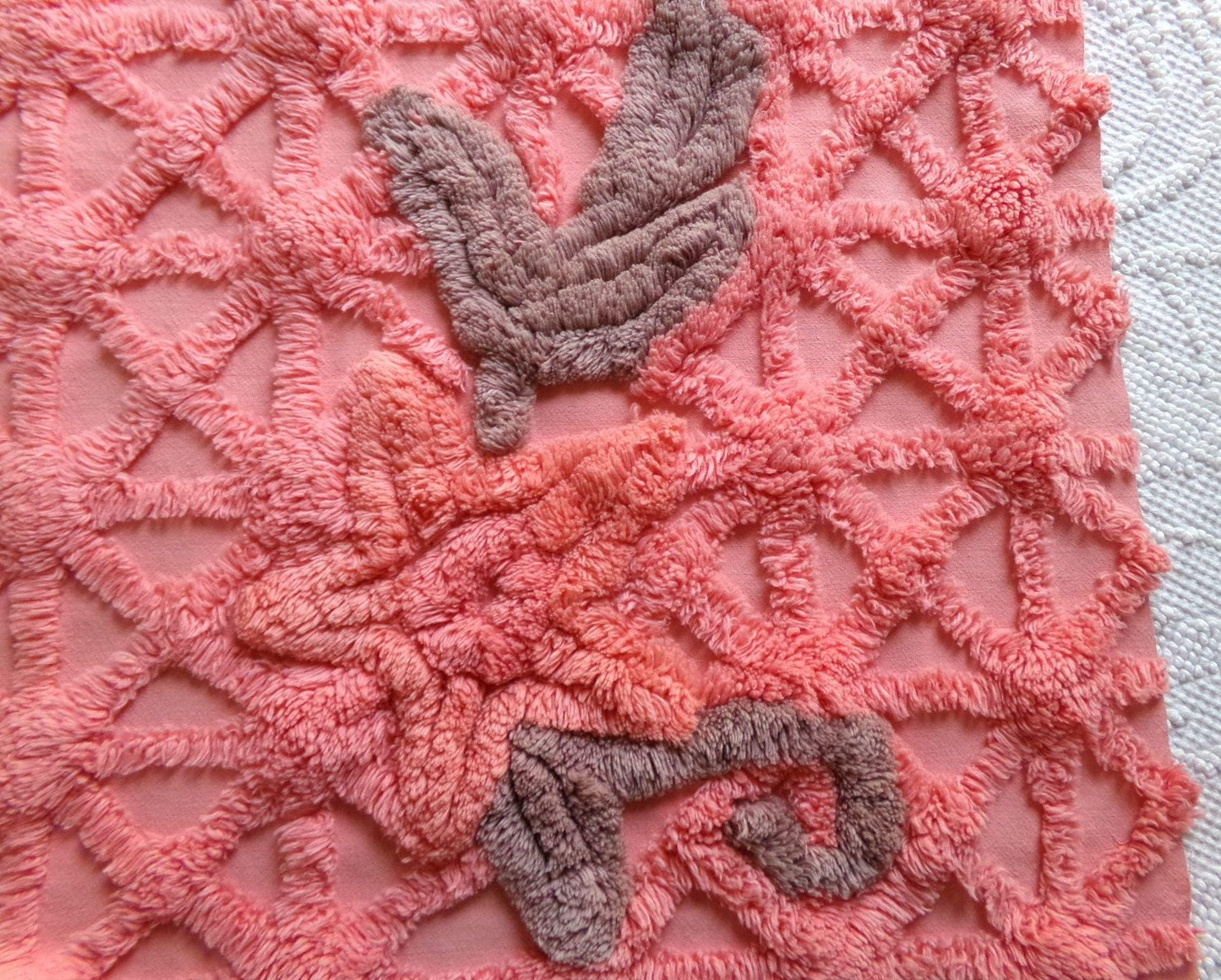 peach twinkles vintage chenille fabric panel in shabby starburst pattern, pretty sewing material for quilts & pillows, 30" x 17" inch piece