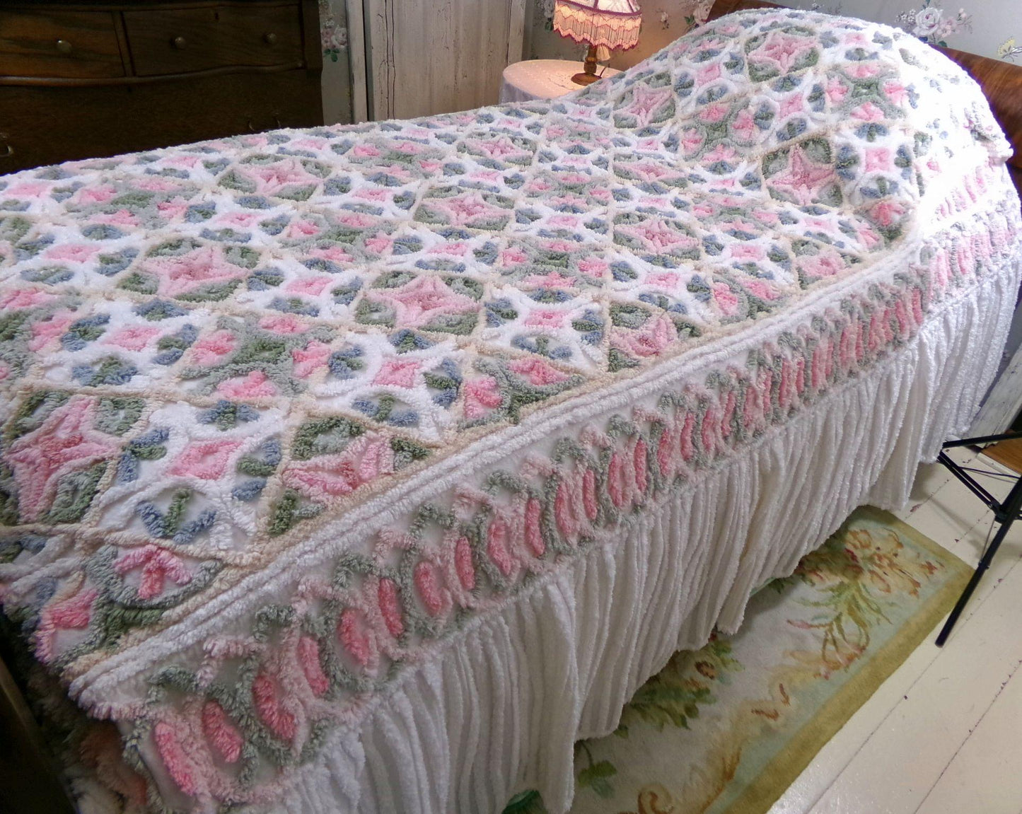 pink sea urchins twin size chenille bedspread, white cotton vintage cottage style bedding, boxed & fitted luxury design with ruffle skirt
