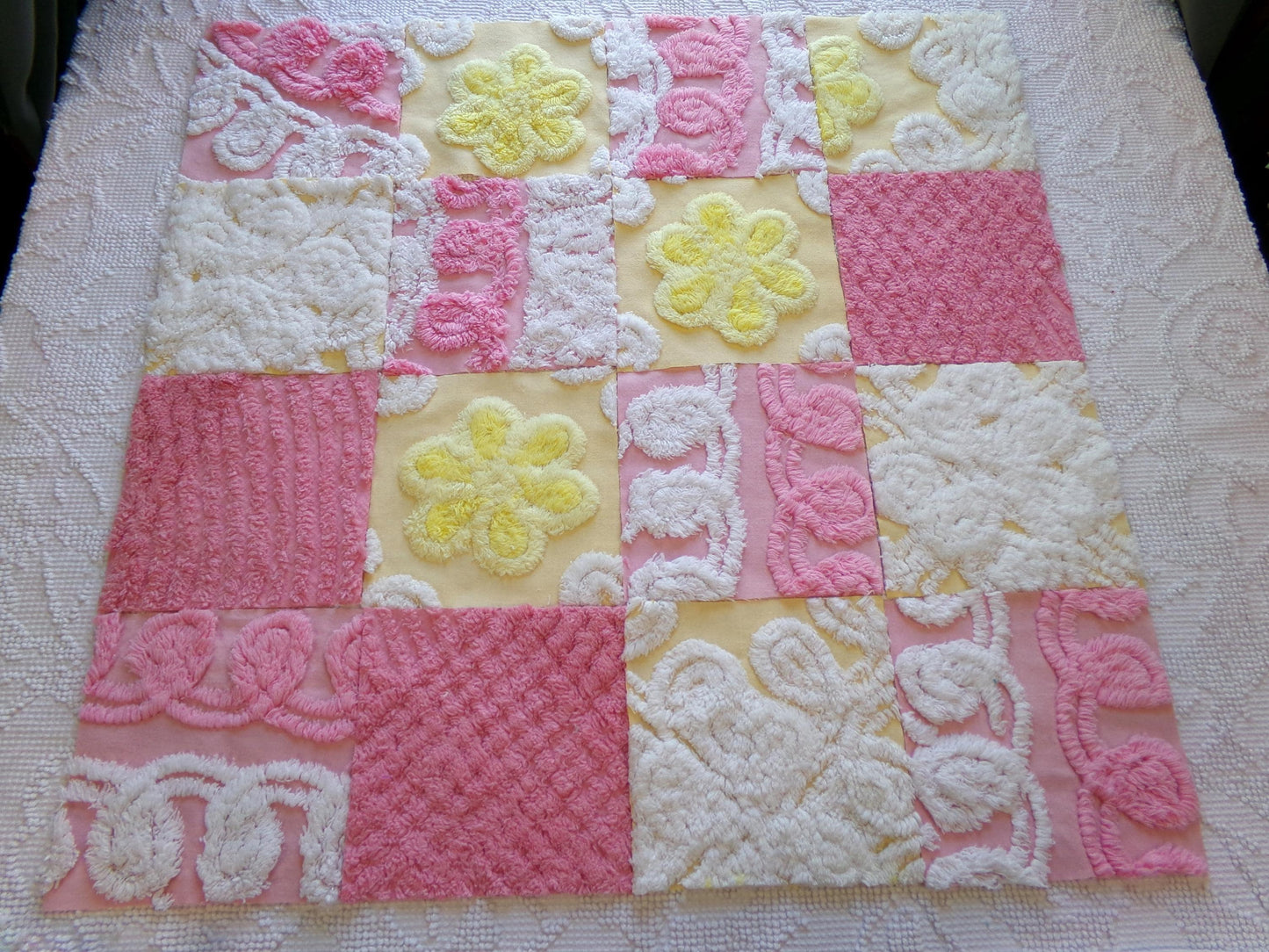 vintage 6" chenille fabric squares, set of 16 pink yellow quilt blocks, sugar & sunshine