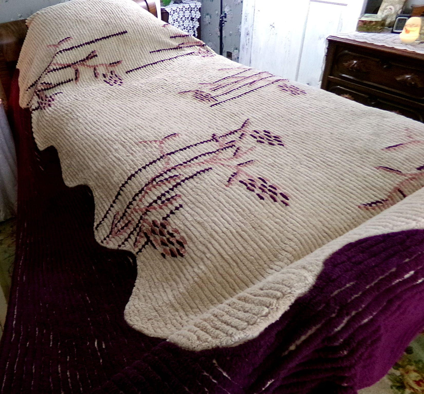 Shabby Cattails Vintage Chenille Bedspread in Art Deco Design, Honey Beige & Wine Twin Size Antique Bedding, #2