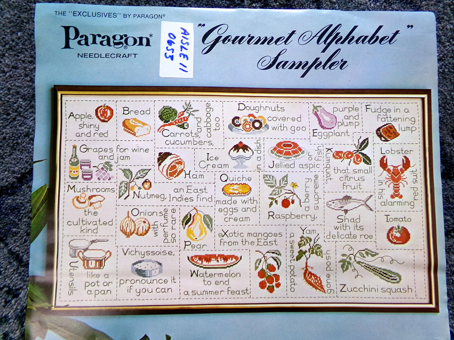 Fun Foodie GOURMET ALPHABET SAMPLER, Vintage Paragon Needlecraft Kitschy Kitchen Embroidery Stitchery Kit #0653, Large Size