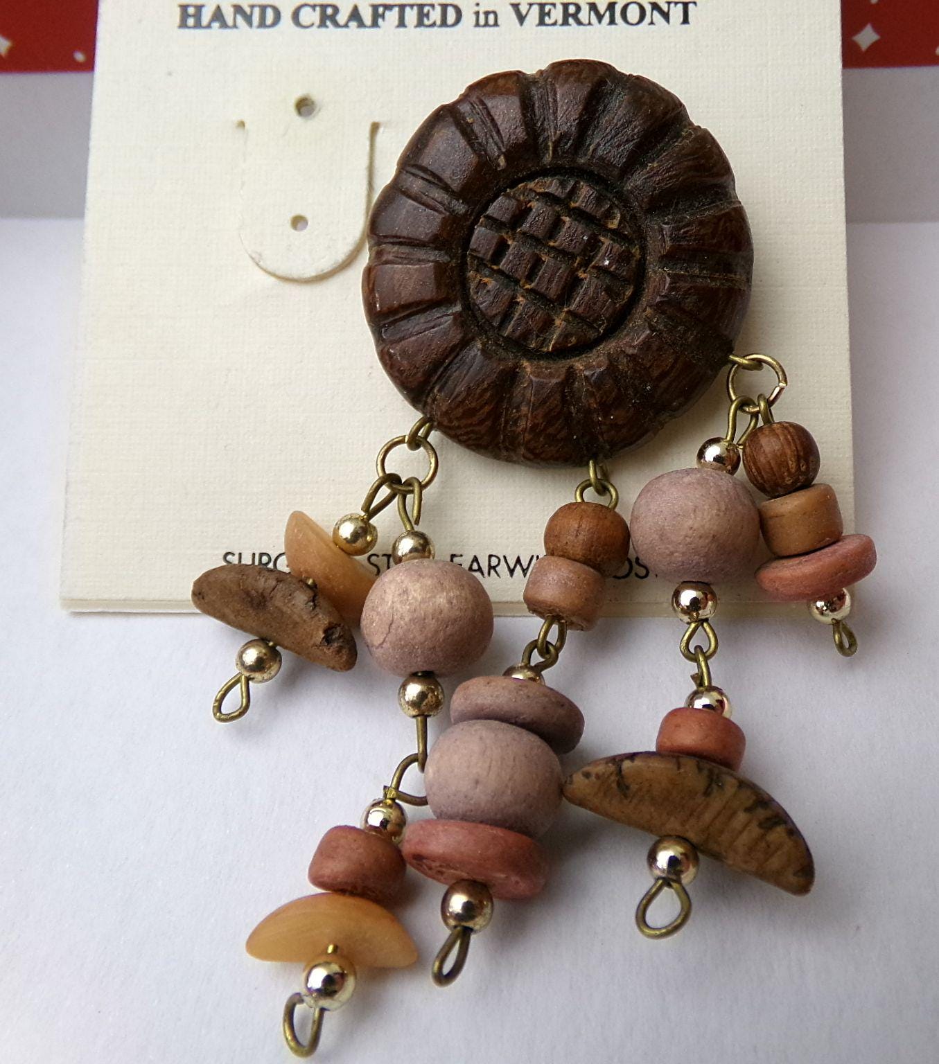 Carved Wood Daisy Dangle Pierced Earrings with Bangles, Vintage Silver Forest Vermont Hippie Boho Artisan Style