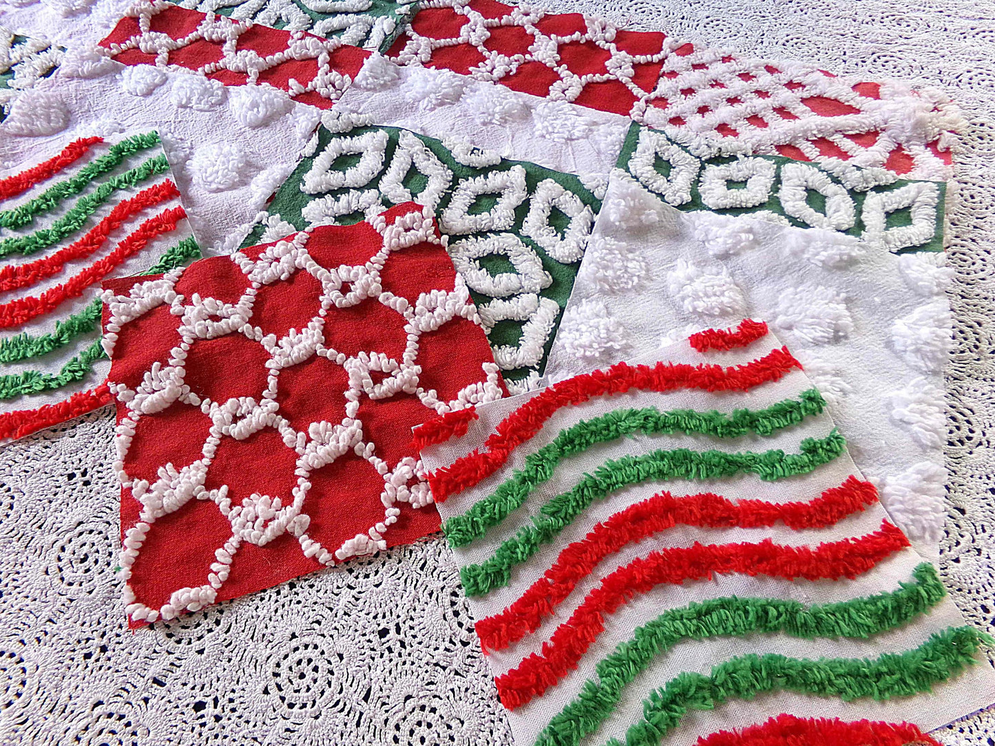 Christmas chenille fabric squares, red, white & green, 16 vintage quilt blocks 6" x 6" inch, for xmas stockings, pillows, quilting, crafts