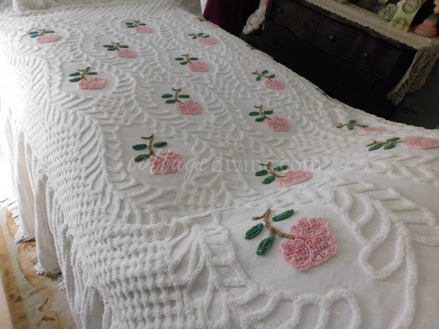 Heirloom Rose Vintage Chenille Bedspread, Full Size, JELDI AUSTRALIA, Cotton, Ruffled Skirt