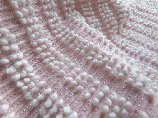 white pearls pink vintage chenille fabric w/ silver sparkle lurex, cute nubby texture & dainty color, 18" x 24" cut piece for quilts pillows
