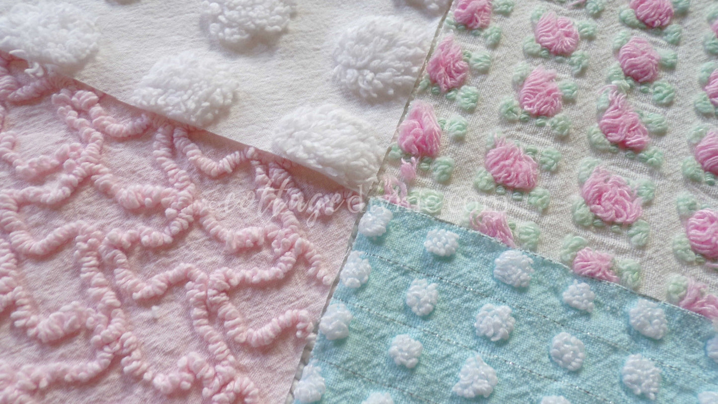Classic Cottage Chic Chenille Quilt Squares Set from Vintage Bedspread Fabric, 16 Blocks, 6" x 6" inch, Pretty Pink Rosebud, Aqua & White