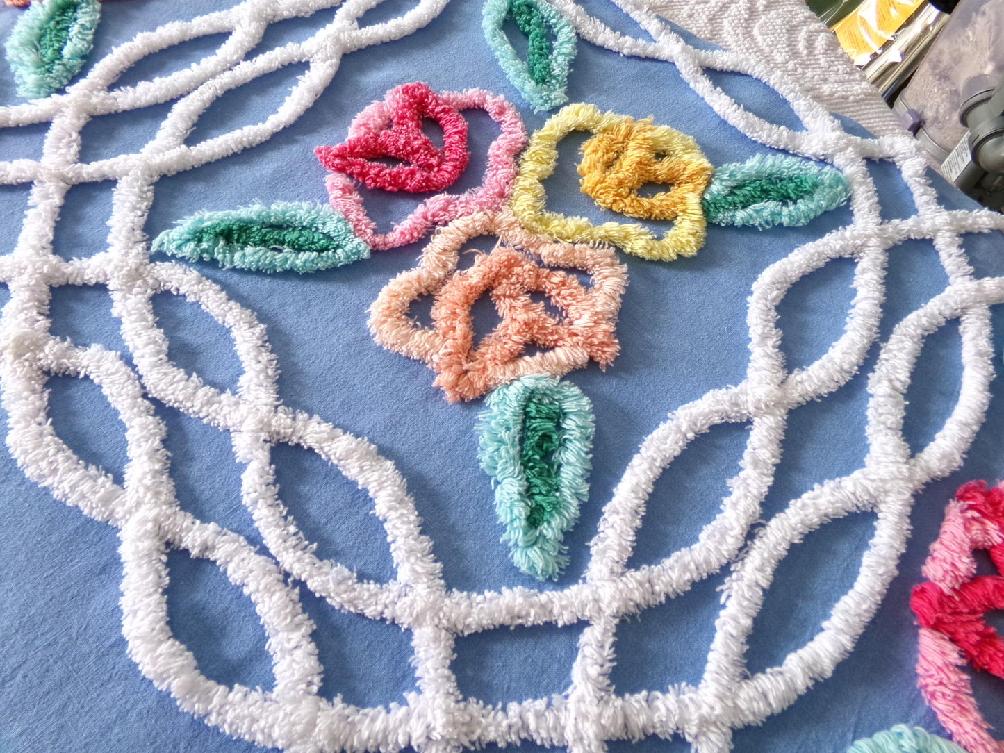 Seaside Summer Florals Blue Vintage Chenille Fabric, Pretty 30" x 26" inch piece