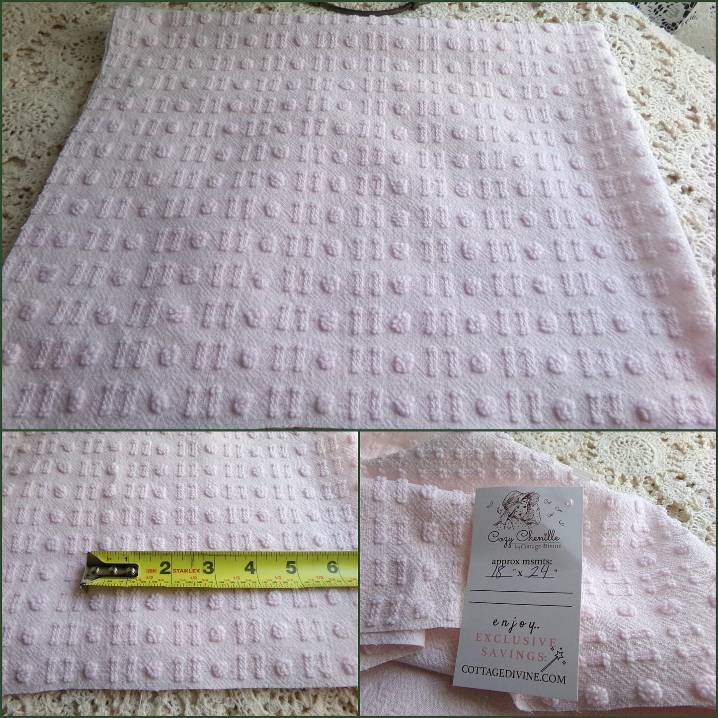 Pink Wink Vintage Chenille Fabric, Cute Tiny Dot Dash Pattern, 18" x 24" inch Piece, for Sewing Material
