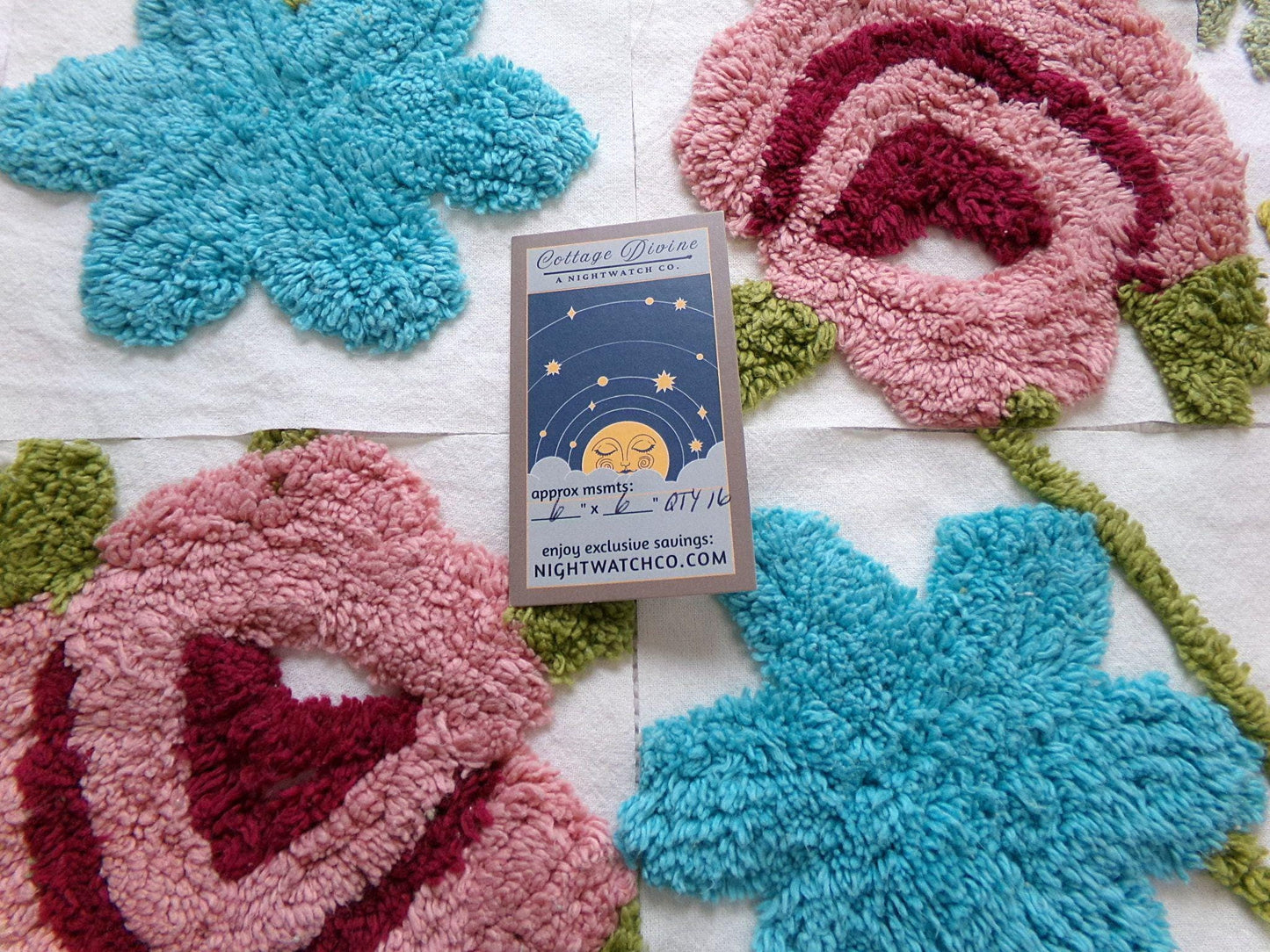 flower festival chenille fabric squares, set of 16 vintage floral 6" craft blocks, cottage designs for quilt inlays, pillows, fiber arts