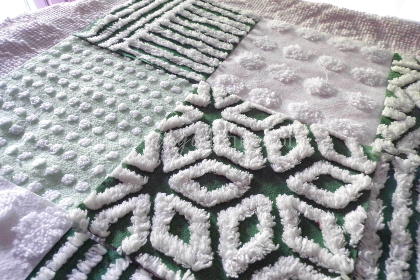 Lucky Star Quilt Squares Set, Rotary Cut from Vintage Chenille Bedspread Fabric, 16 Blocks, 6" x 6" inch, Green & White