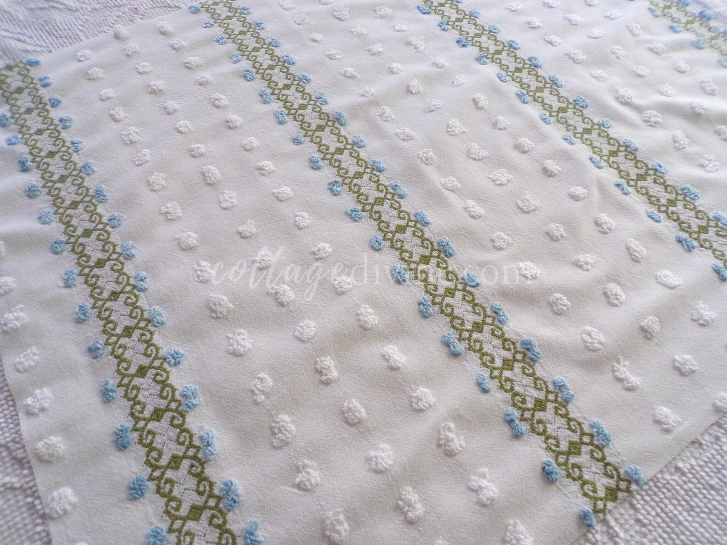 delicate vintage chenille fabric in abstract blue ivy rosebuds & white pops, 26" x 21" inch piece of quilt sewing material
