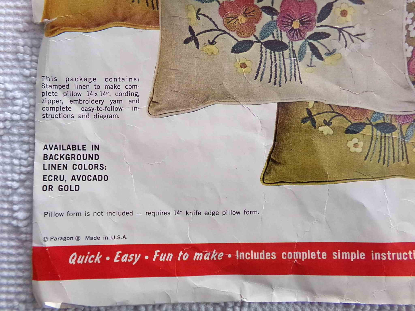 PANSY BOUQUET Pillow Kit by Paragon Creative Stitchery #0776 in Harvest GOLD, Vintage Hippie 1970s Crewel Embroidery, 14" x 14" Square Size