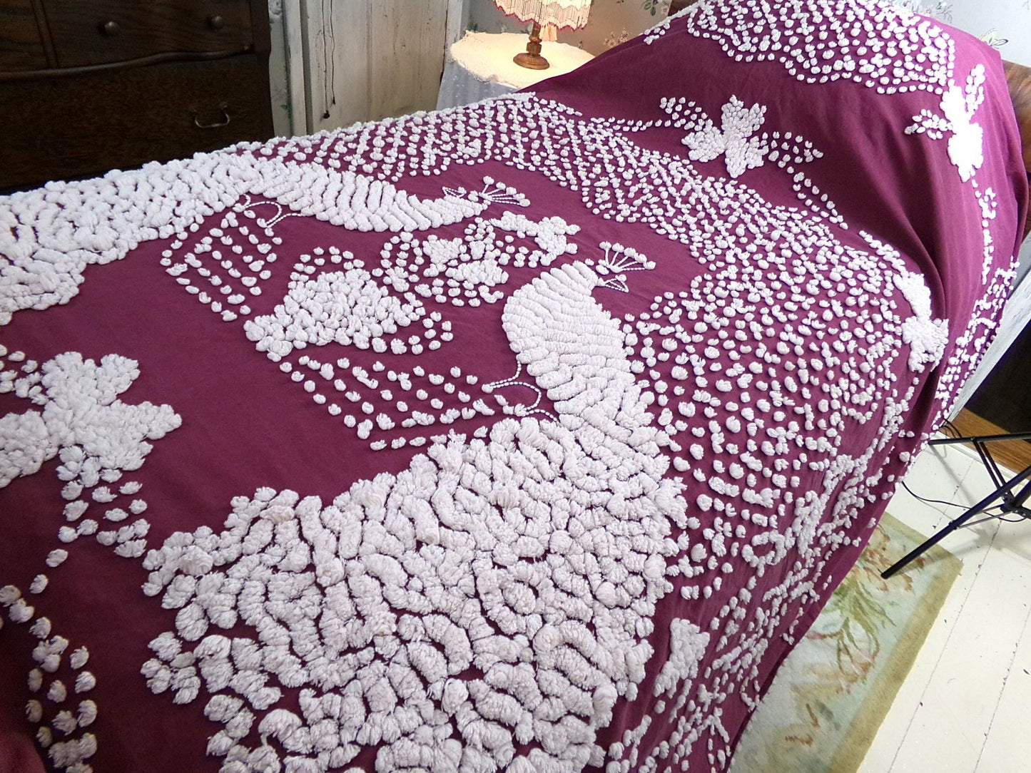 Antique Peacock Chenille Bedspread, Shabby Vintage Victorian Handmade Coverlet in Deep Wine with Snow White Tufting, Full Size Bedding