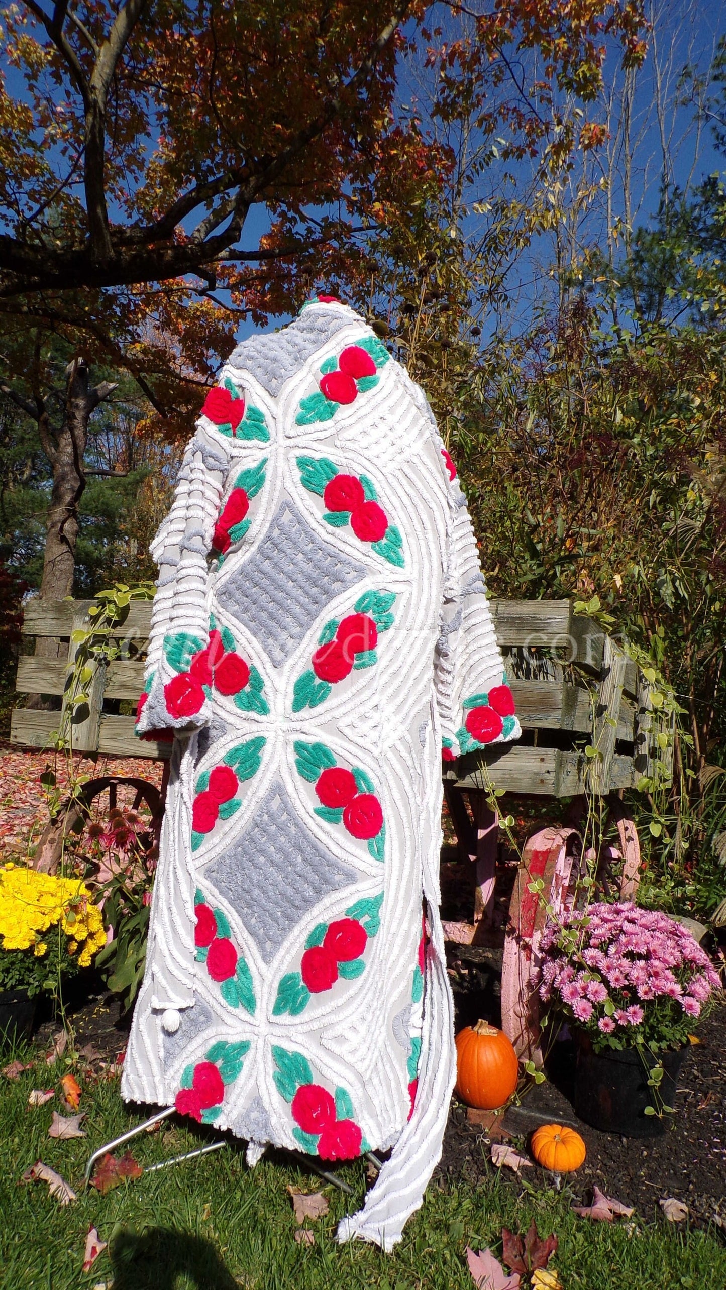Plus Size Chenille Robe "Lovey Dovey" Red Roses Dove Grey Bathrobe Upcycled from WWII Era Vintage Chenille Bedspread, 1X, 2X Large