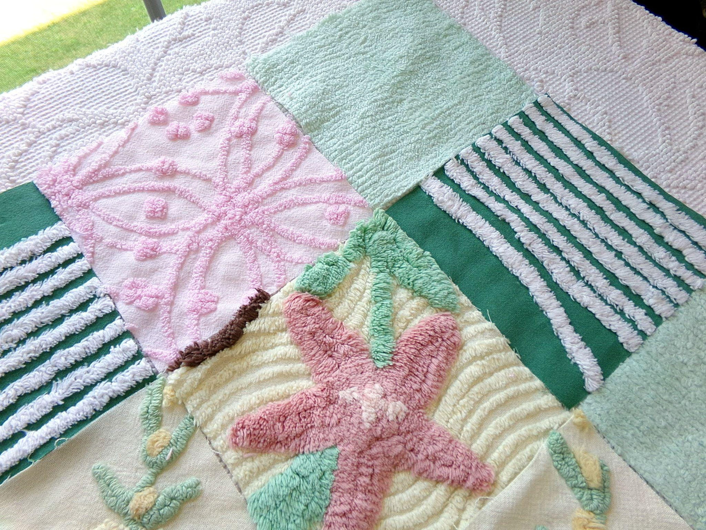 enchanted forest chenille fabric squares, set of 16 vintage craft quilt blocks 6" inches ea, yellow, green, pink & floral patterns