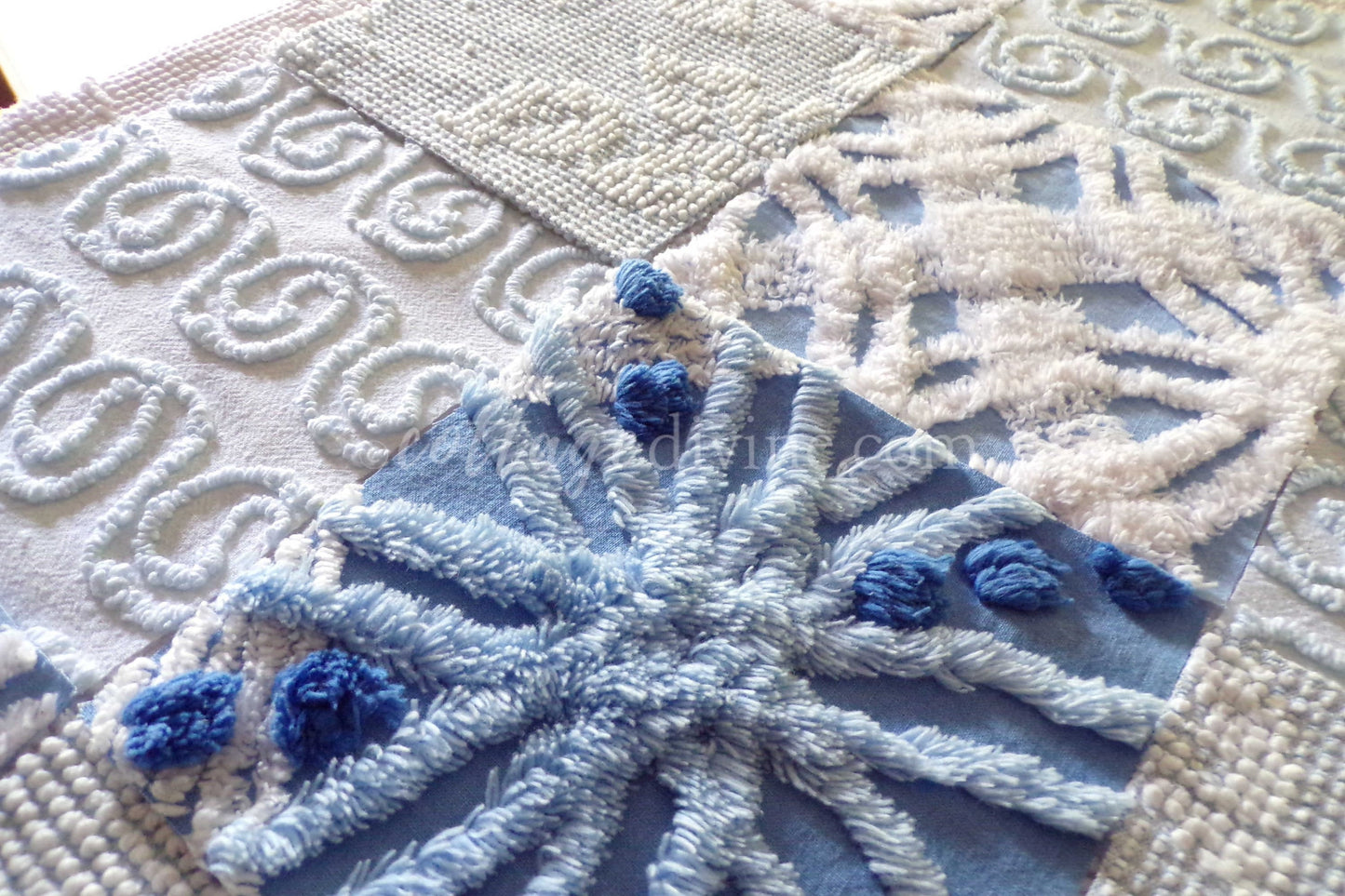 Boho Blues Fabric Squares Set, from Vintage Chenille Bedspread Fabrics, 16 Blocks, 6" x 6" inch