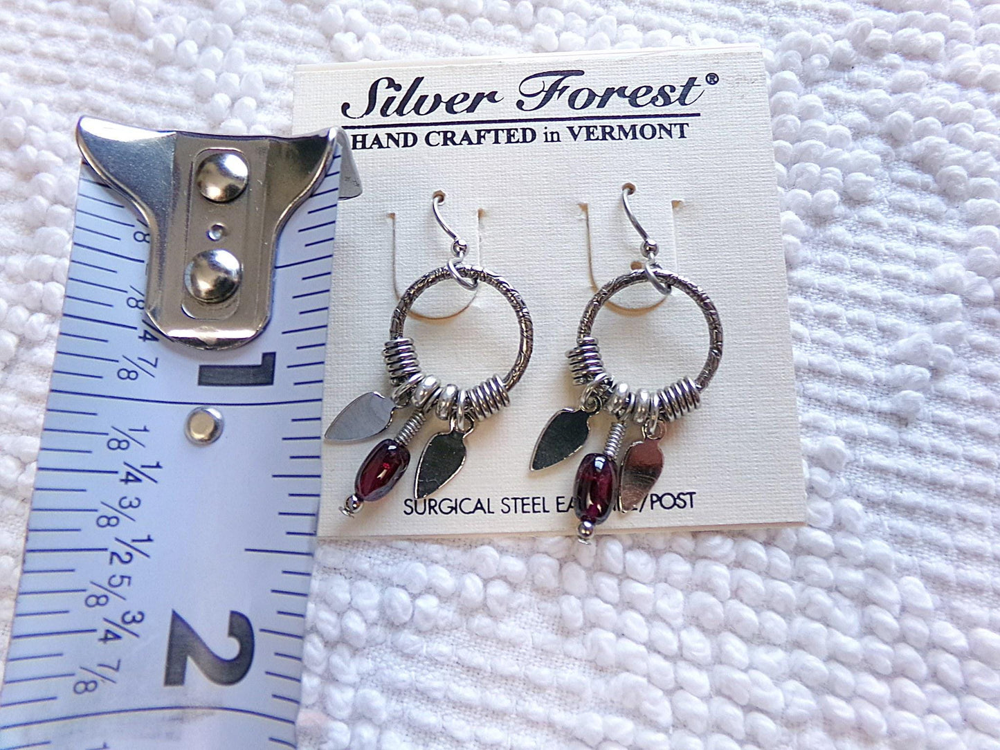 Vintage Lot Boho Earrings, 2 Pair Silver Forest Silvertone Pierced Dangle Earring, maple leaf & beads, small hoops w/ dangling feathers