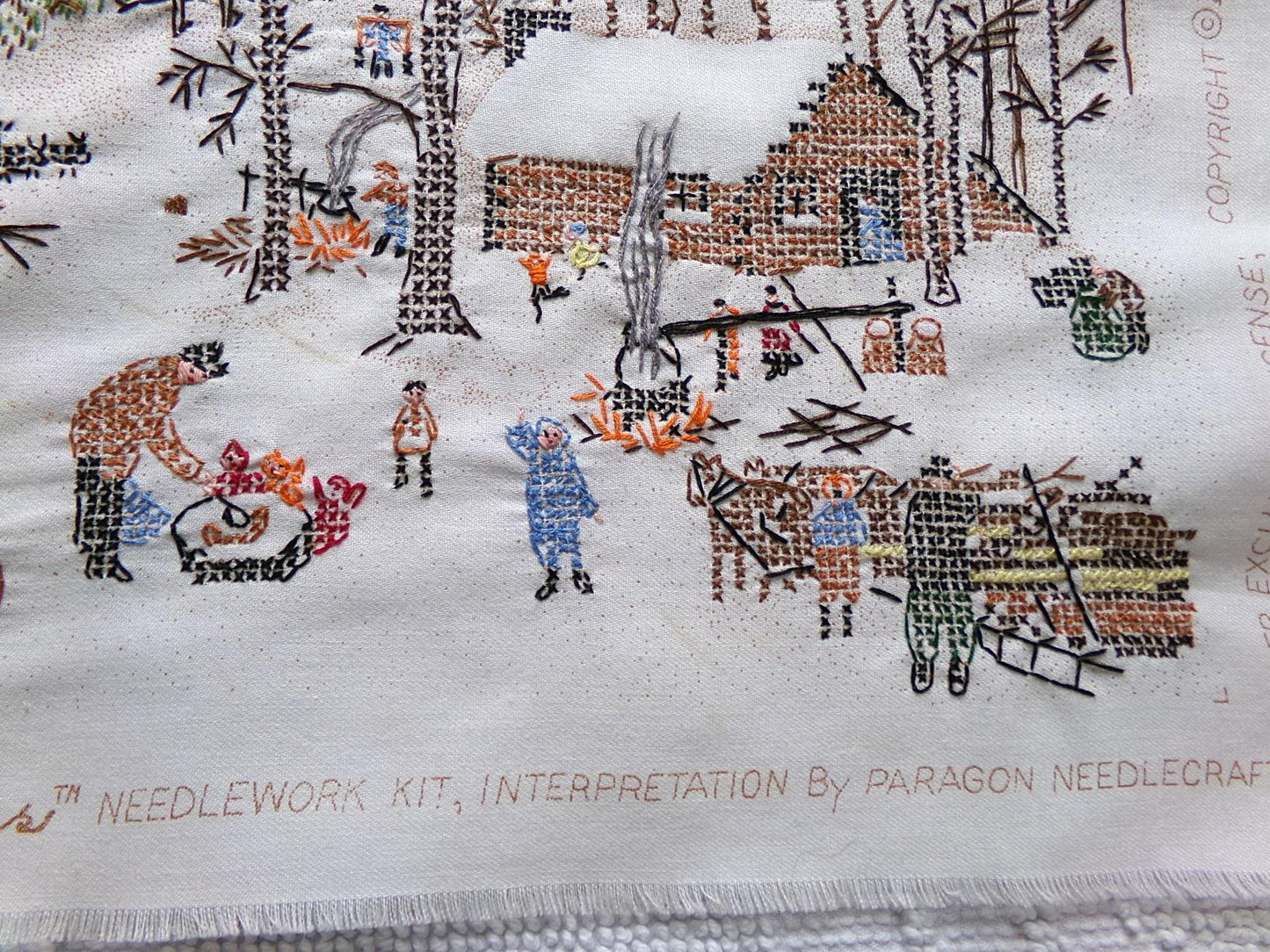 Grandma Moses SUGARING OFF Completed Cross Stitch Embroidery Paragon Stitchery 0210 - Rustic Country Winter Scene