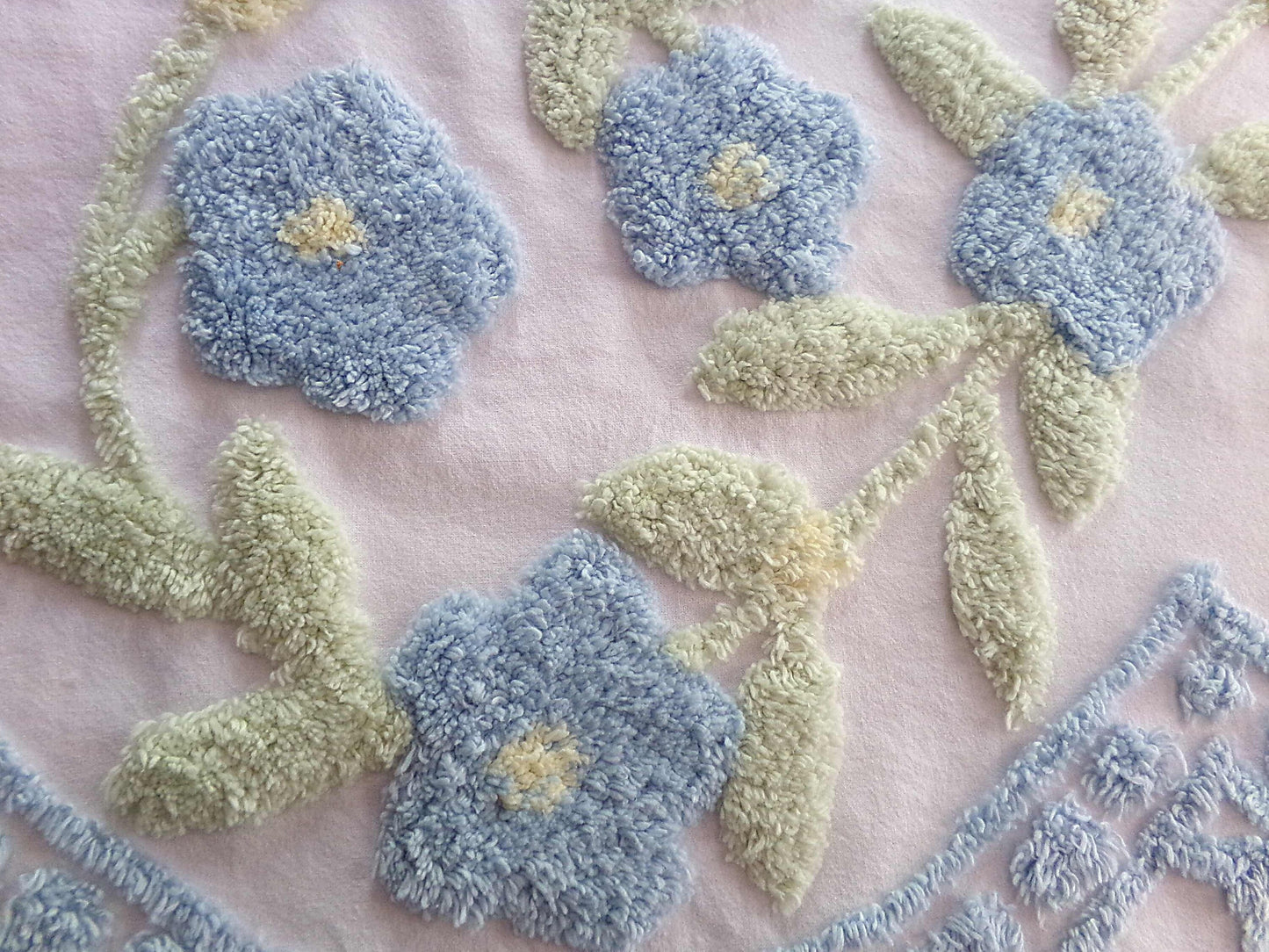 Blooming Blue Flowers Vintage Style Chenille Fabric, 24" x 28" inch Piece, 100% Cotton with Plush Florals, Great for Pillows