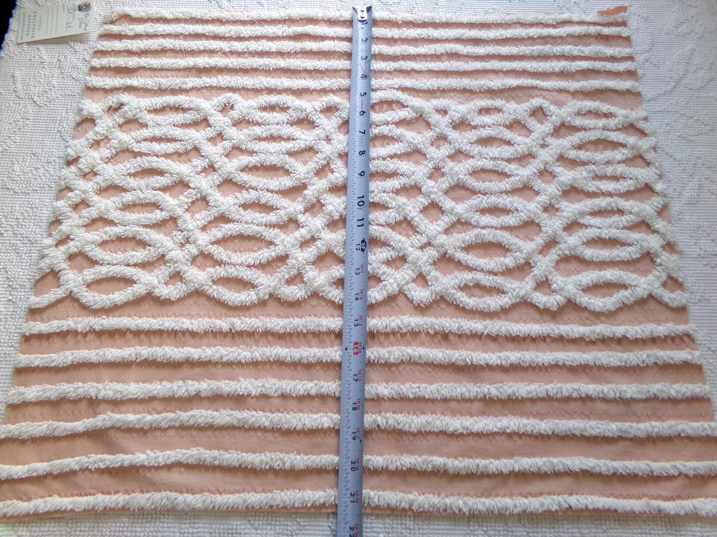 vintage chenille fabric: white geometric on peach cotton seersucker, 20" x 24" cut piece