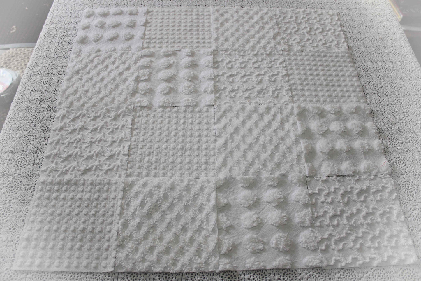 white chenille fabric squares in dynamic textures, coin dots, lattice, mini pop sparkle & squiggles, 16 vintage quilt blocks, 6" x 6" ea