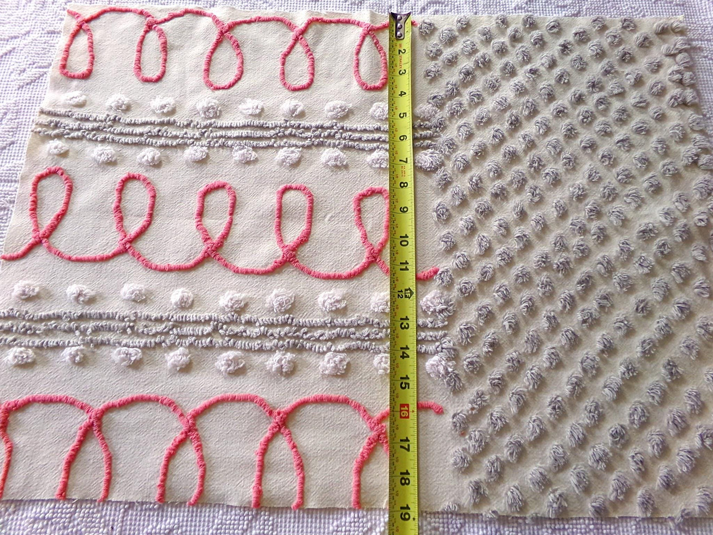 red doodles sewing fabric, retro design with grey pops on buttercream, 18" x 24" inch piece cut from a vintage chenille bedspread